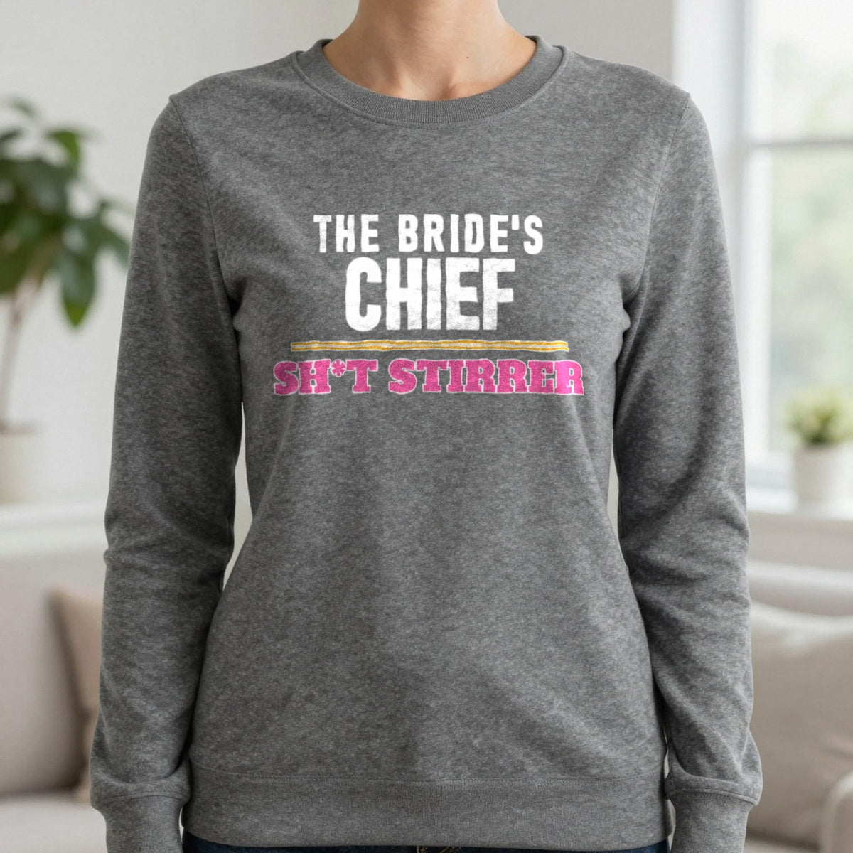 The Bride's Chief Sh*t Stirrer Hen Do T-Shirt & Sweatshirt in Charcoal, worn, our photo