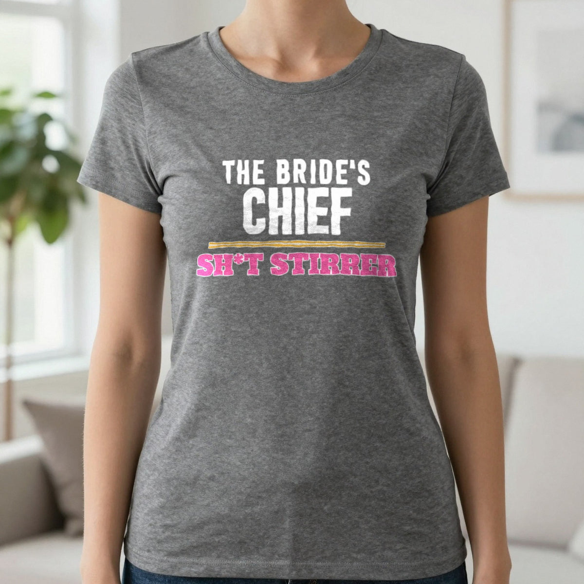 The Bride's Chief Sh*t Stirrer Hen Do T-Shirt & Sweatshirt in Charcoal, worn, our photo