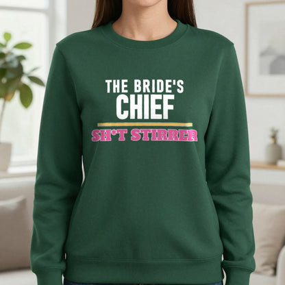 The Bride's Chief Sh*t Stirrer Hen Do T-Shirt & Sweatshirt in Forest Green, worn, our photo