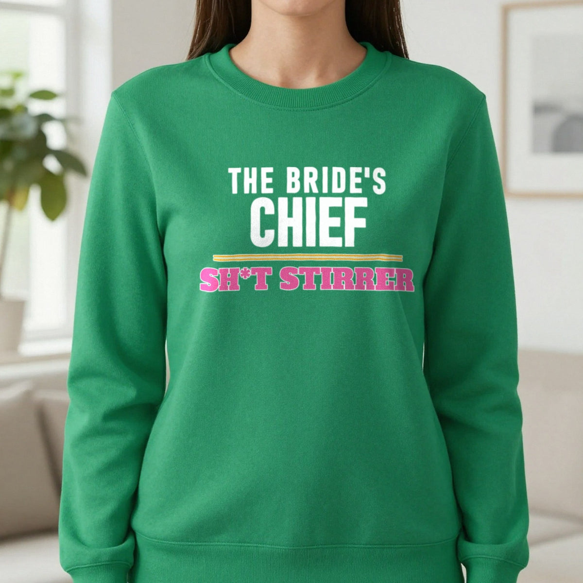 The Bride's Chief Sh*t Stirrer Hen Do T-Shirt & Sweatshirt in Irish Green, worn, our photo