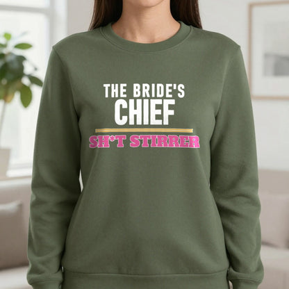 The Bride's Chief Sh*t Stirrer Hen Do T-Shirt & Sweatshirt in Military Green, worn, our photo