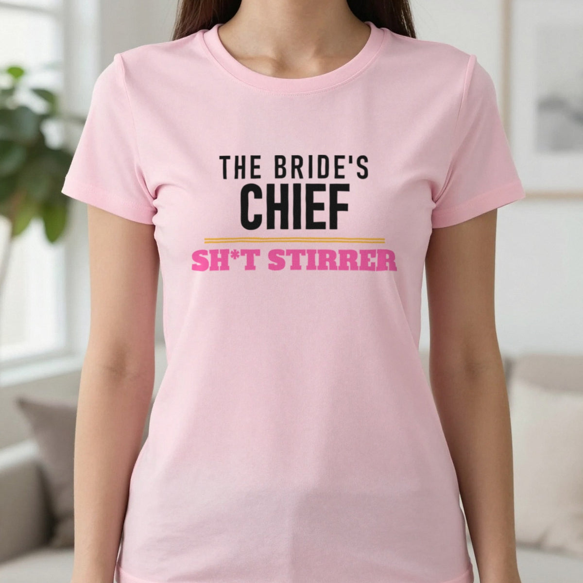 The Bride's Chief Sh*t Stirrer Hen Do T-Shirt & Sweatshirt in Light Pink, worn, our photo