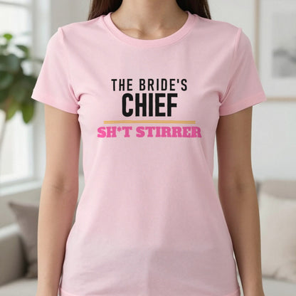 The Bride's Chief Sh*t Stirrer Hen Do T-Shirt & Sweatshirt in Light Pink, worn, our photo
