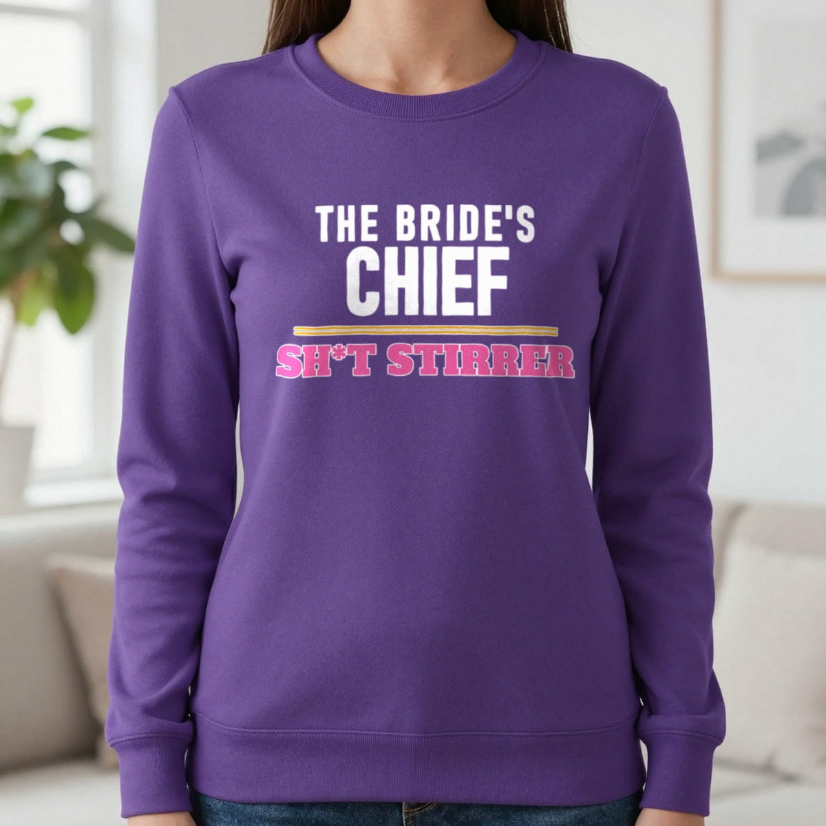 The Bride's Chief Sh*t Stirrer Hen Do T-Shirt & Sweatshirt in Purple, worn, our photo