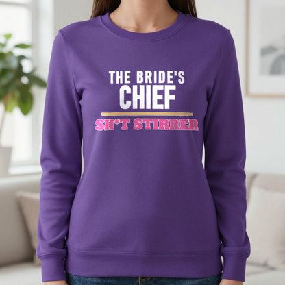The Bride's Chief Sh*t Stirrer Hen Do T-Shirt & Sweatshirt in Purple, worn, our photo