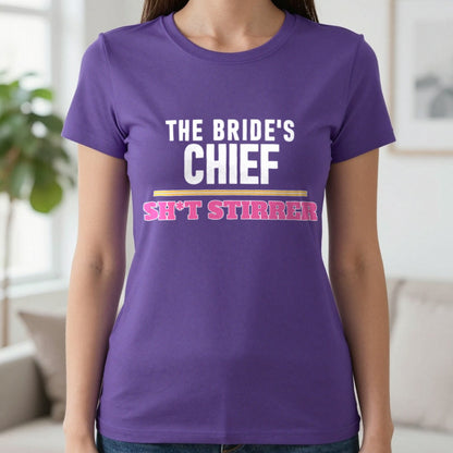 The Bride's Chief Sh*t Stirrer Hen Do T-Shirt & Sweatshirt in Purple, worn, our photo