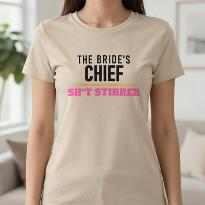 The Bride's Chief Sh*t Stirrer Hen Do T-Shirt & Sweatshirt in Sand, worn, our photo