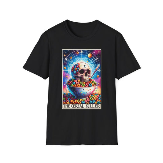 black t-shirt with cereal killer tarot card funny graphic design