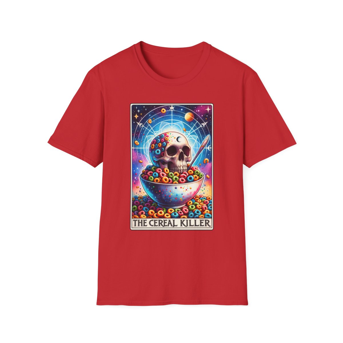 royal blue t-shirt with cereal killer tarot design alternative streetwear