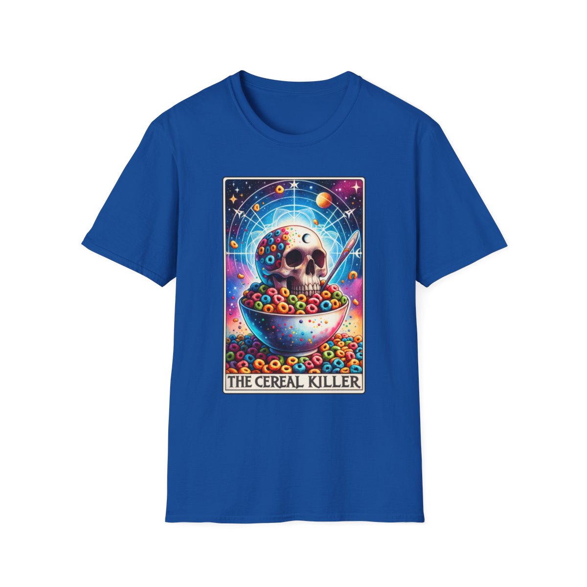 light blue t-shirt with cereal killer tarot card funny print