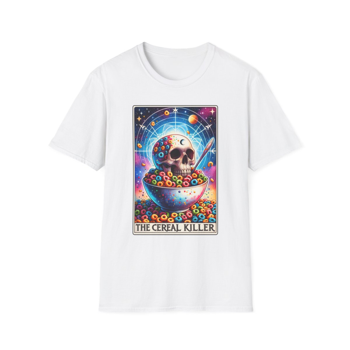 navy t-shirt with bold cereal killer tarot card print for dark humor fans