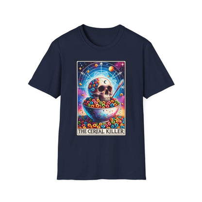 red t-shirt with cereal killer tarot graphic for breakfast lover gift