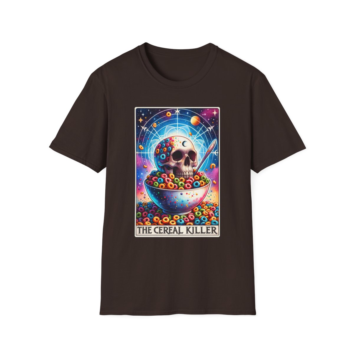 white t-shirt with colorful cereal killer tarot design funny gift