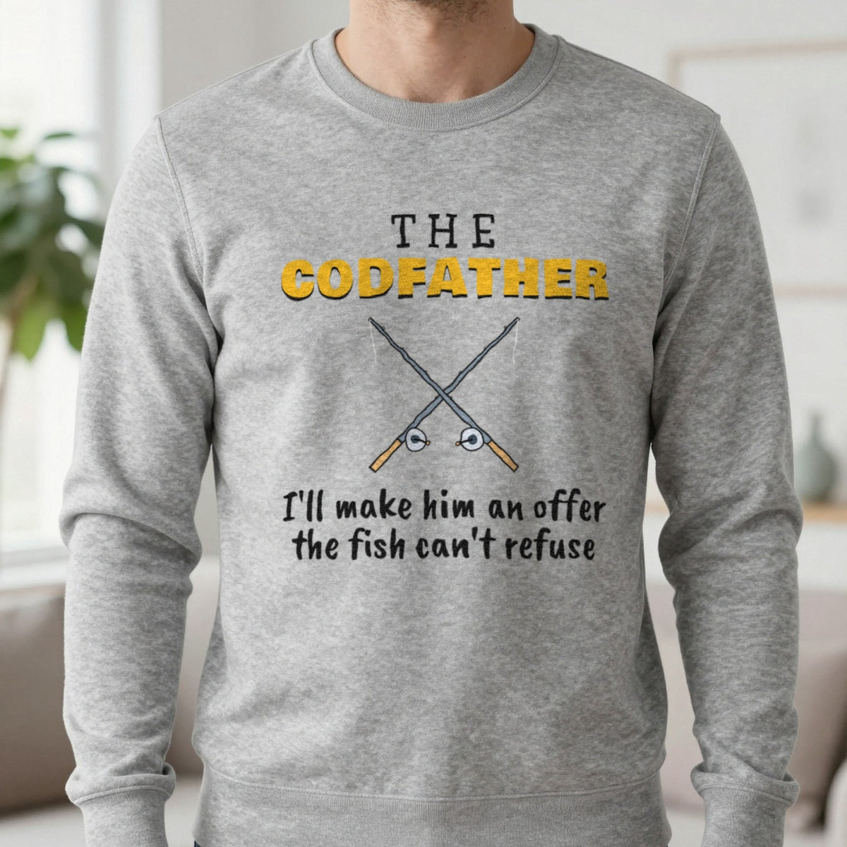 The Codfather Funny Fishing T-Shirt & Sweatshirt in Sport Grey (Sweatshirt), worn, our photo