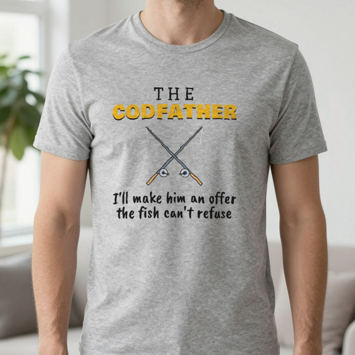 The Codfather Funny Fishing T-Shirt & Sweatshirt in Sport Grey (T-Shirt), worn, our photo