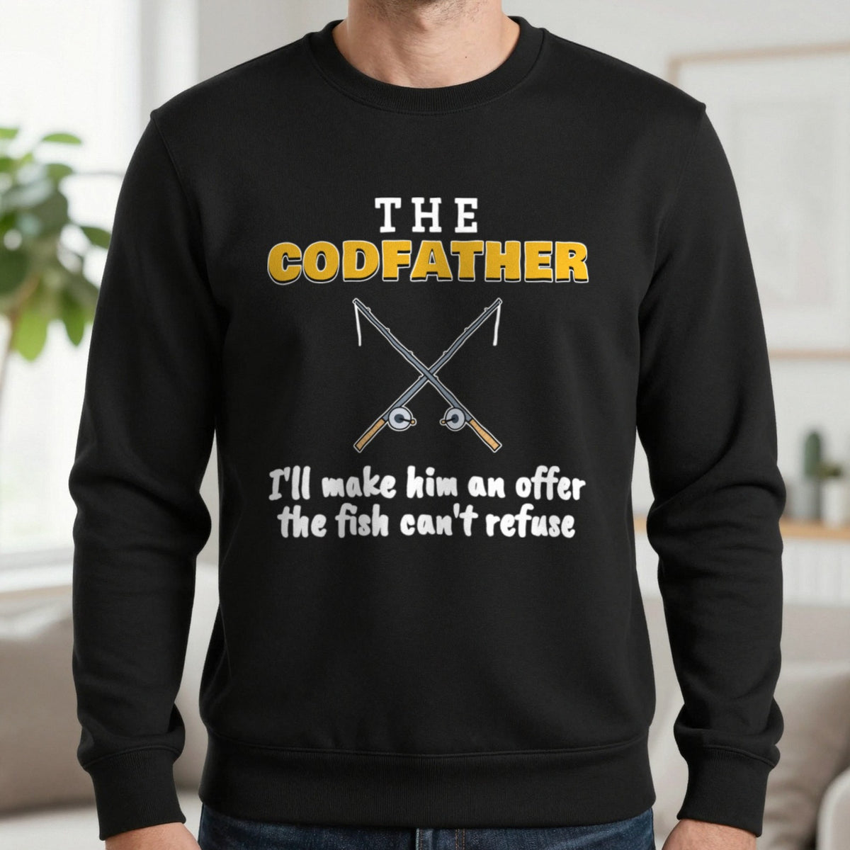 The Codfather Funny Fishing T-Shirt & Sweatshirt in Black (Sweatshirt), worn, our photo