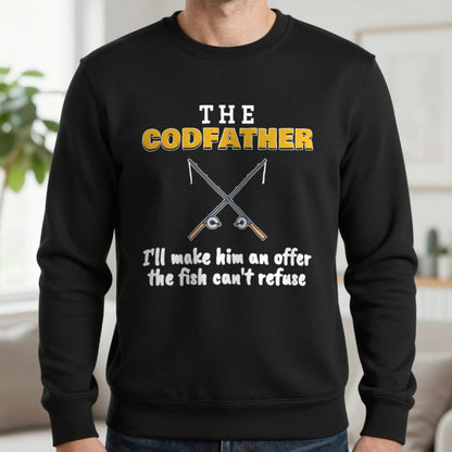 The Codfather Funny Fishing T-Shirt & Sweatshirt in Black (Sweatshirt), worn, our photo