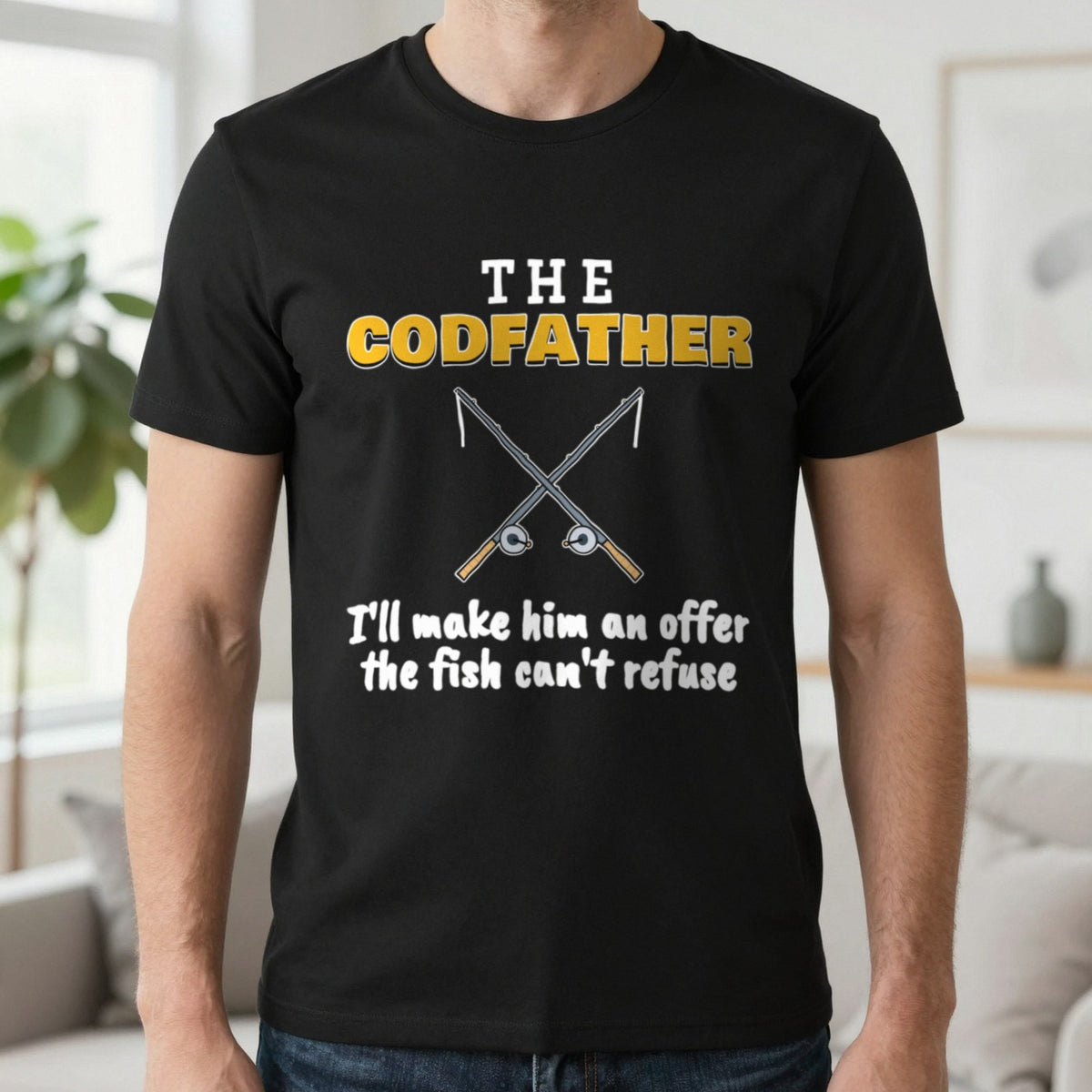 The Codfather Funny Fishing T-Shirt & Sweatshirt in Black (T-Shirt), worn, our photo