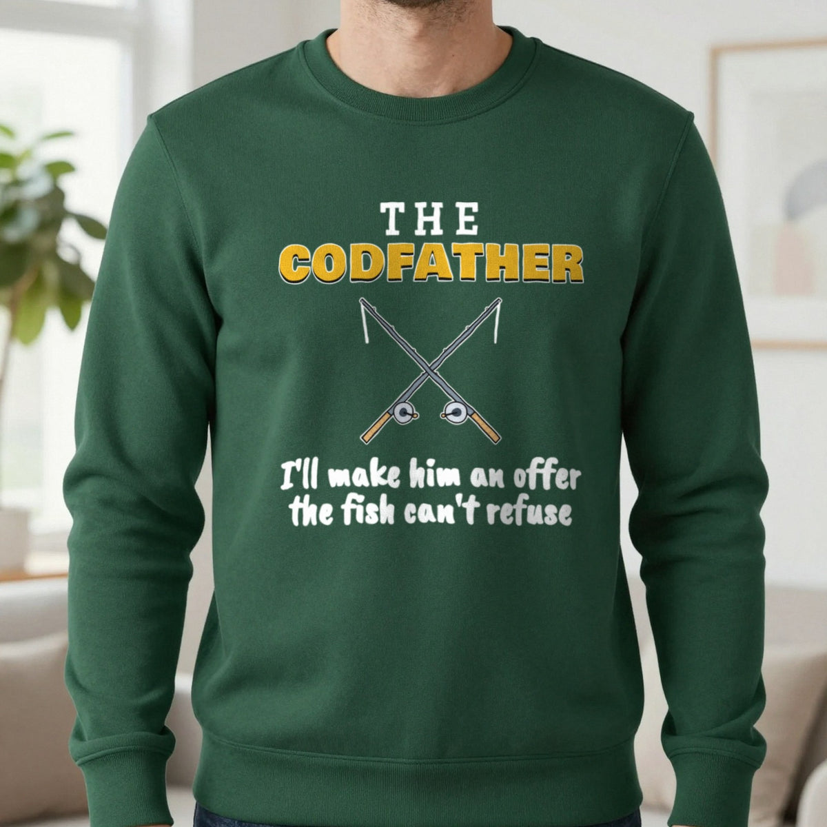 The Codfather Funny Fishing T-Shirt & Sweatshirt in Forest Green (Sweatshirt), worn, our photo