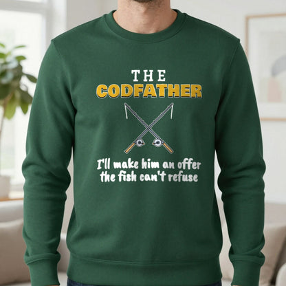 The Codfather Funny Fishing T-Shirt & Sweatshirt in Forest Green (Sweatshirt), worn, our photo