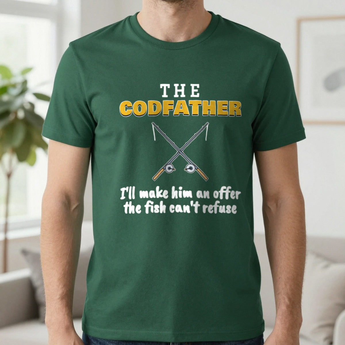 The Codfather Funny Fishing T-Shirt & Sweatshirt in Forest Green (T-Shirt), worn, our photo