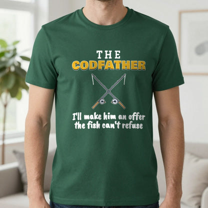 The Codfather Funny Fishing T-Shirt & Sweatshirt in Forest Green (T-Shirt), worn, our photo
