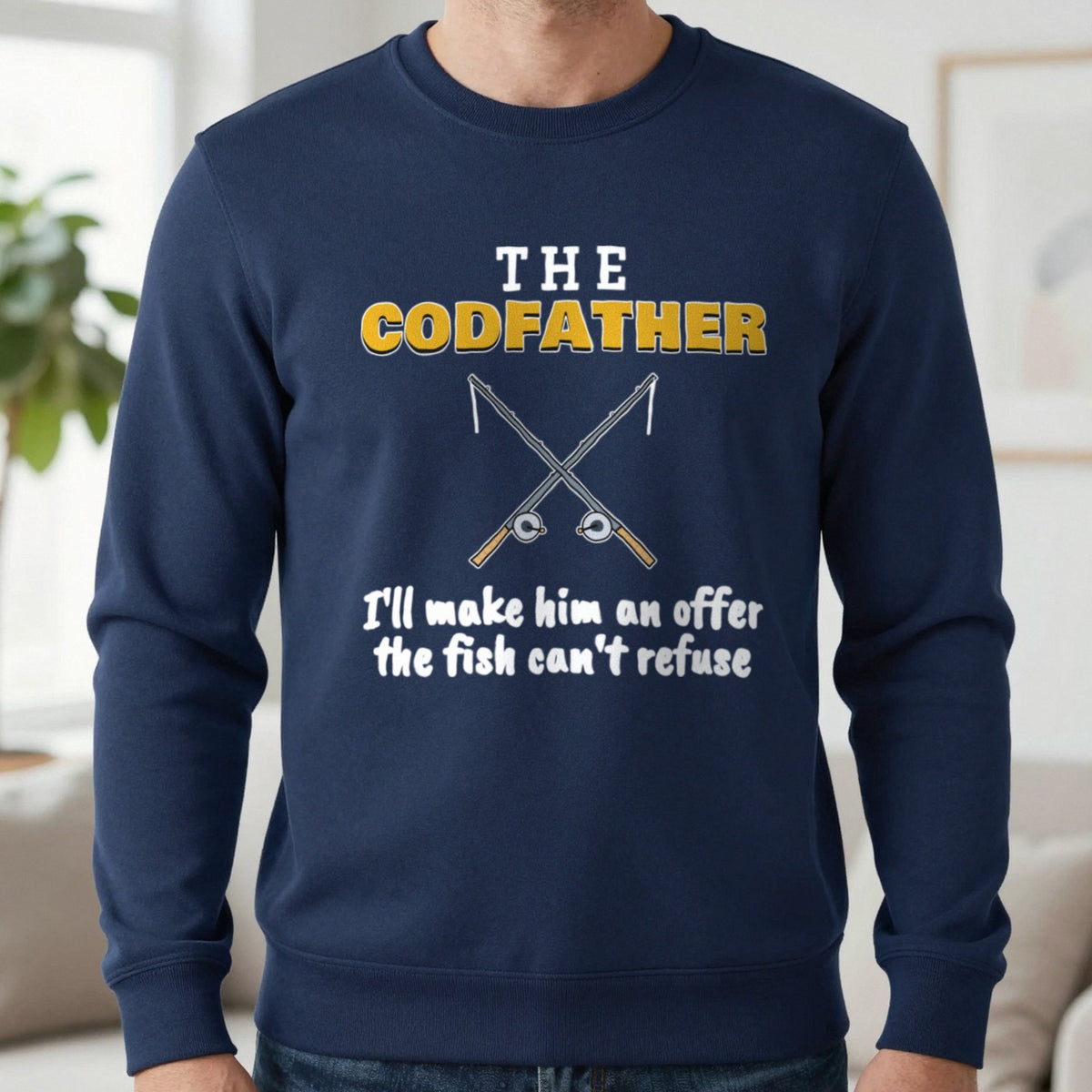 The Codfather Funny Fishing T-Shirt & Sweatshirt in Navy (Sweatshirt), worn, our photo