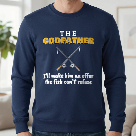 The Codfather Funny Fishing T-Shirt & Sweatshirt in Navy (Sweatshirt), worn, our photo