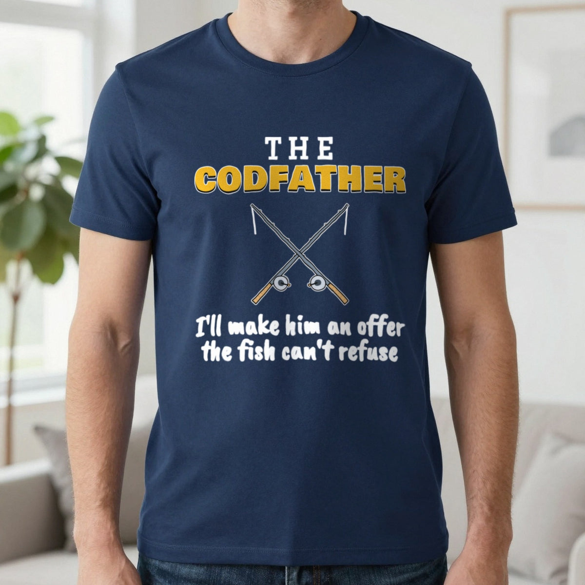 The Codfather Funny Fishing T-Shirt & Sweatshirt in Navy (T-Shirt), worn, our photo
