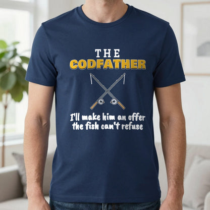 The Codfather Funny Fishing T-Shirt & Sweatshirt in Navy (T-Shirt), worn, our photo