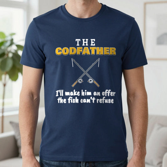 The Codfather Funny Fishing T-Shirt & Sweatshirt in Navy (T-Shirt), worn, our photo