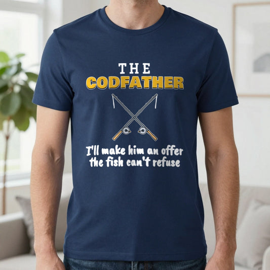 The Codfather Funny Fishing T-Shirt & Sweatshirt in Navy (T-Shirt), worn, our photo