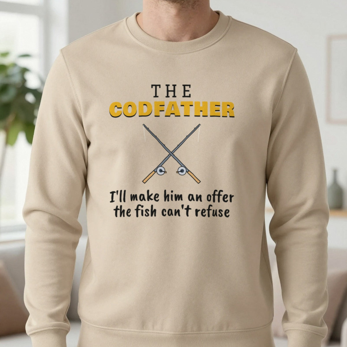 The Codfather Funny Fishing T-Shirt & Sweatshirt in Sand (Sweatshirt), worn, our photo