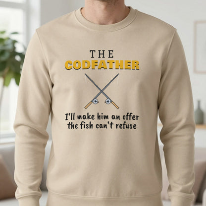 The Codfather Funny Fishing T-Shirt & Sweatshirt in Sand (Sweatshirt), worn, our photo