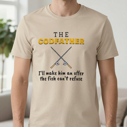 The Codfather Funny Fishing T-Shirt & Sweatshirt in Sand (T-Shirt), worn, our photo