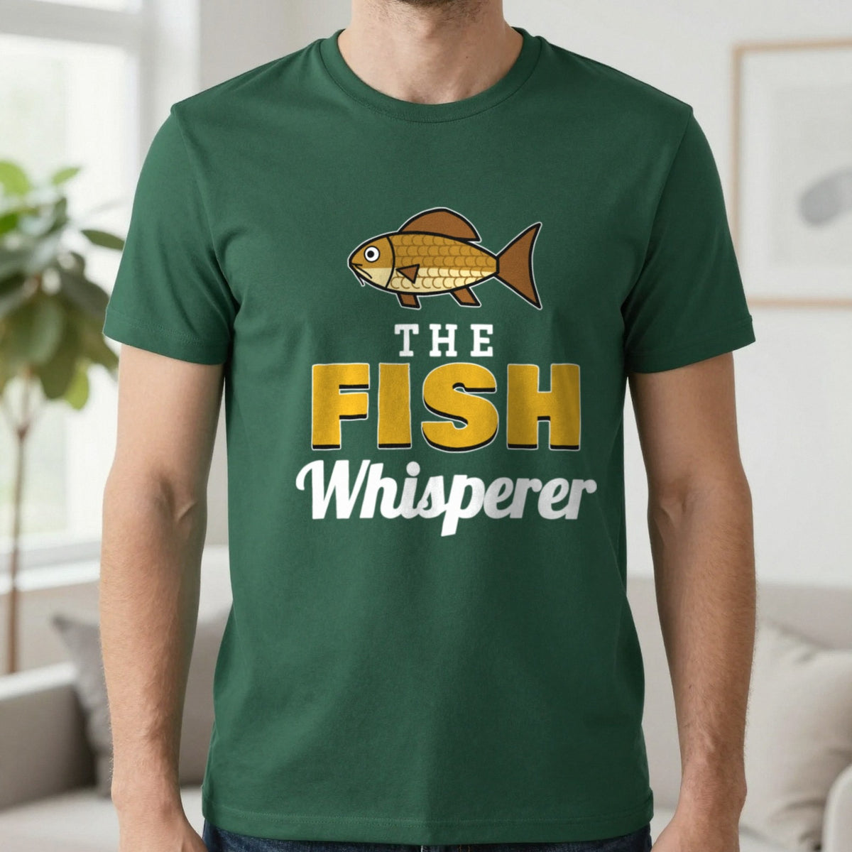 The Fish Whisperer Funny Fishing T-Shirt & Sweatshirt in Forest Green (T-Shirt), worn, our photo
