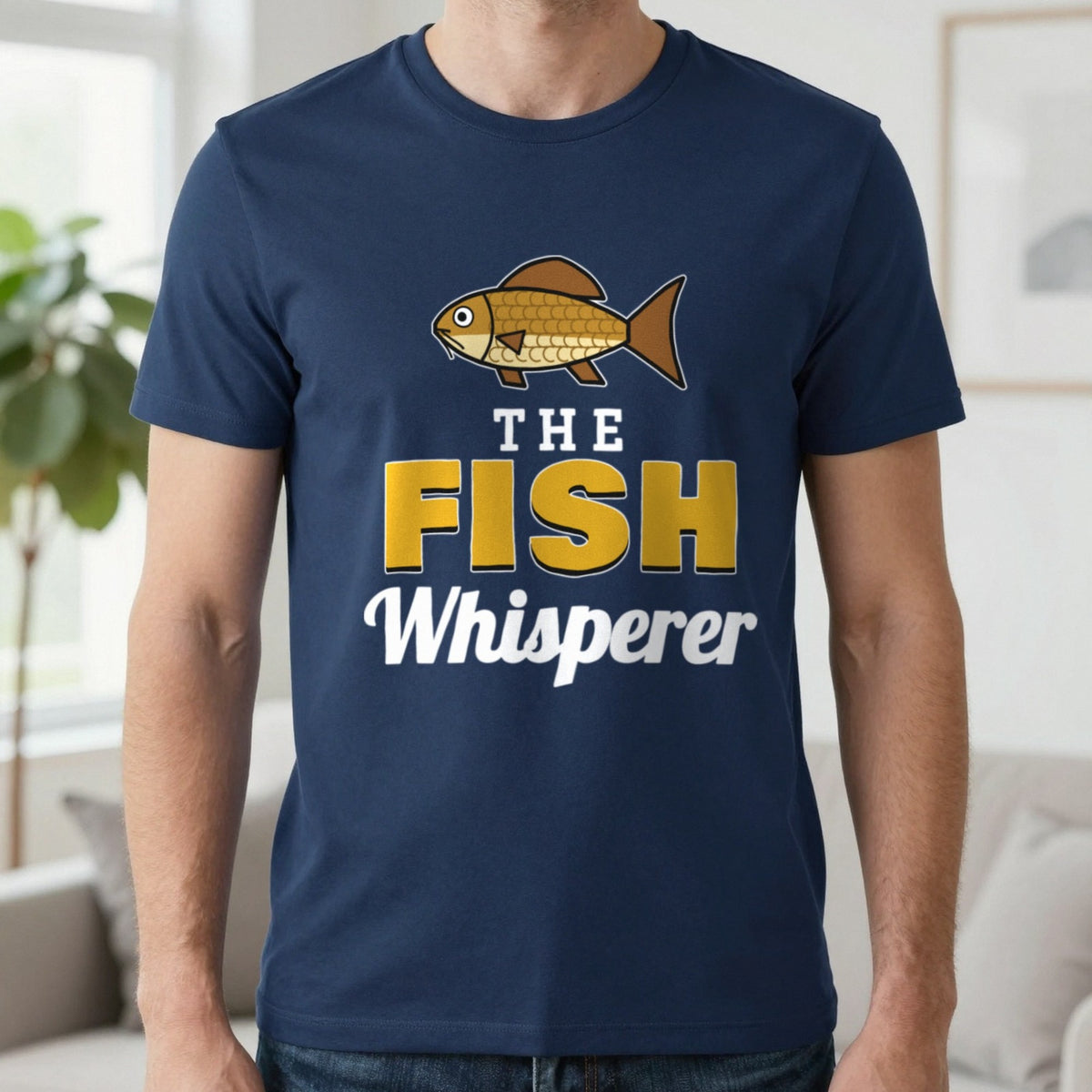 The Fish Whisperer Funny Fishing T-Shirt & Sweatshirt in Navy (T-Shirt), worn, our photo