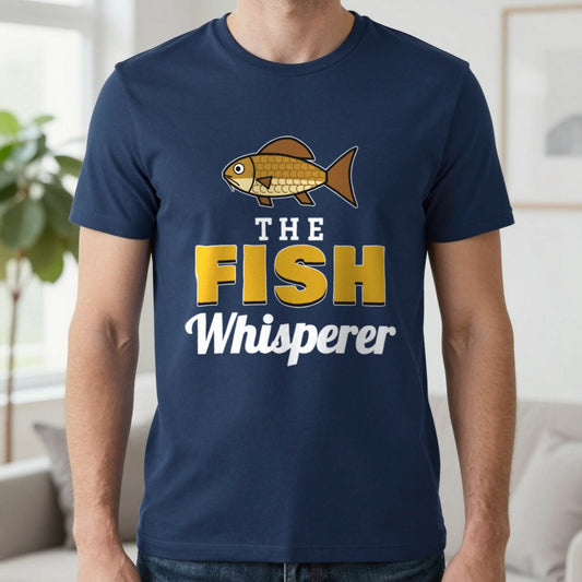 The Fish Whisperer Funny Fishing T-Shirt & Sweatshirt in Navy (T-Shirt), worn, our photo