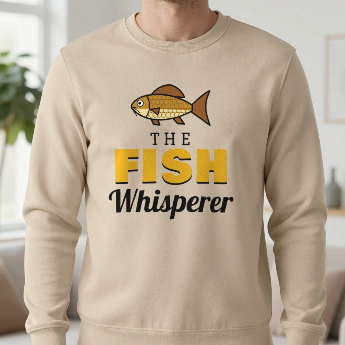 The Fish Whisperer Funny Fishing T-Shirt & Sweatshirt in Sand (Sweatshirt), worn, our photo