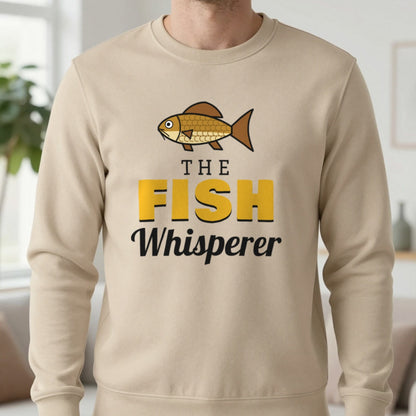 The Fish Whisperer Funny Fishing T-Shirt & Sweatshirt in Sand (Sweatshirt), worn, our photo
