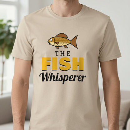 The Fish Whisperer Funny Fishing T-Shirt & Sweatshirt in Sand (T-Shirt), worn, our photo
