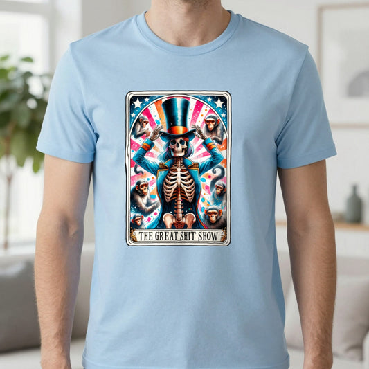 The Great Shit Show Tarot Skeleton T-Shirt in Light Blue, worn, our photo