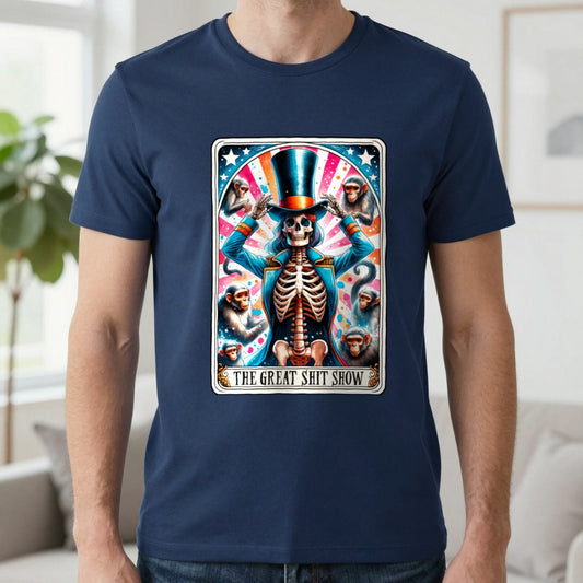 The Great Shit Show Tarot Skeleton T-Shirt in Navy, worn, our photo