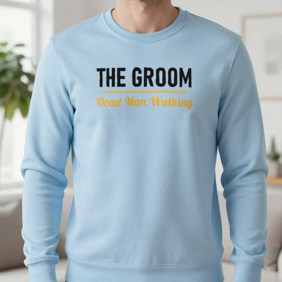 The Groom Dead Man Walking Stag Do T-Shirt & Sweatshirt in Light Blue, worn, our photo