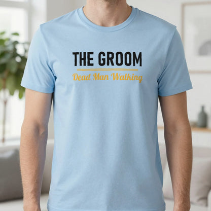The Groom Dead Man Walking Stag Do T-Shirt & Sweatshirt in Light Blue, worn, our photo