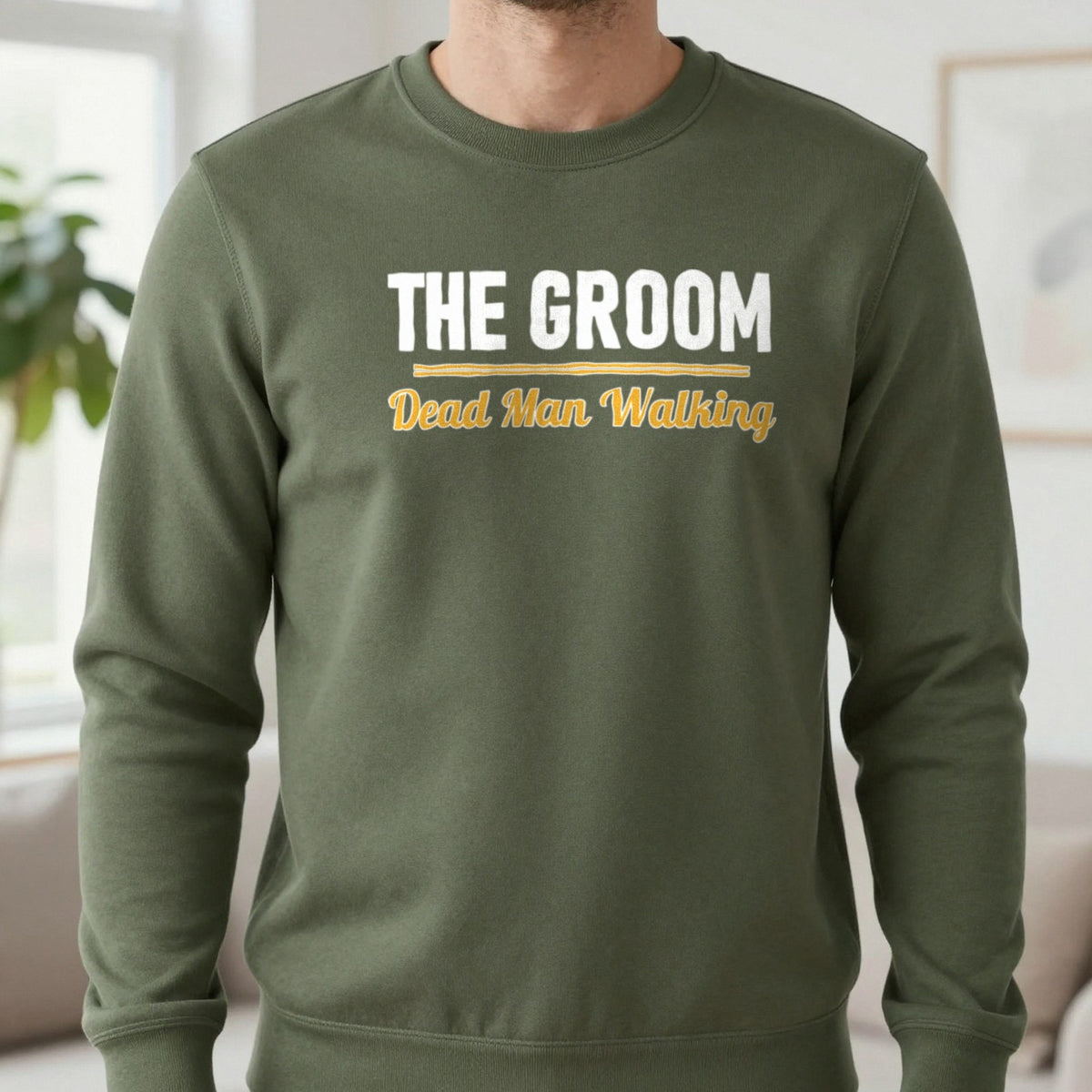 The Groom Dead Man Walking Stag Do T-Shirt & Sweatshirt in Military Green, worn, our photo