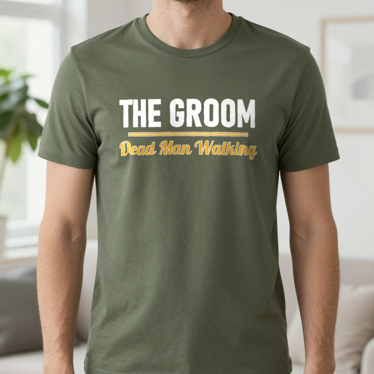 The Groom Dead Man Walking Stag Do T-Shirt & Sweatshirt in Military Green, worn, our photo