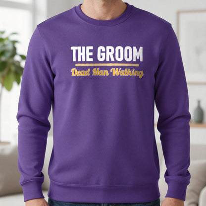 The Groom Dead Man Walking Stag Do T-Shirt & Sweatshirt in Purple, worn, our photo