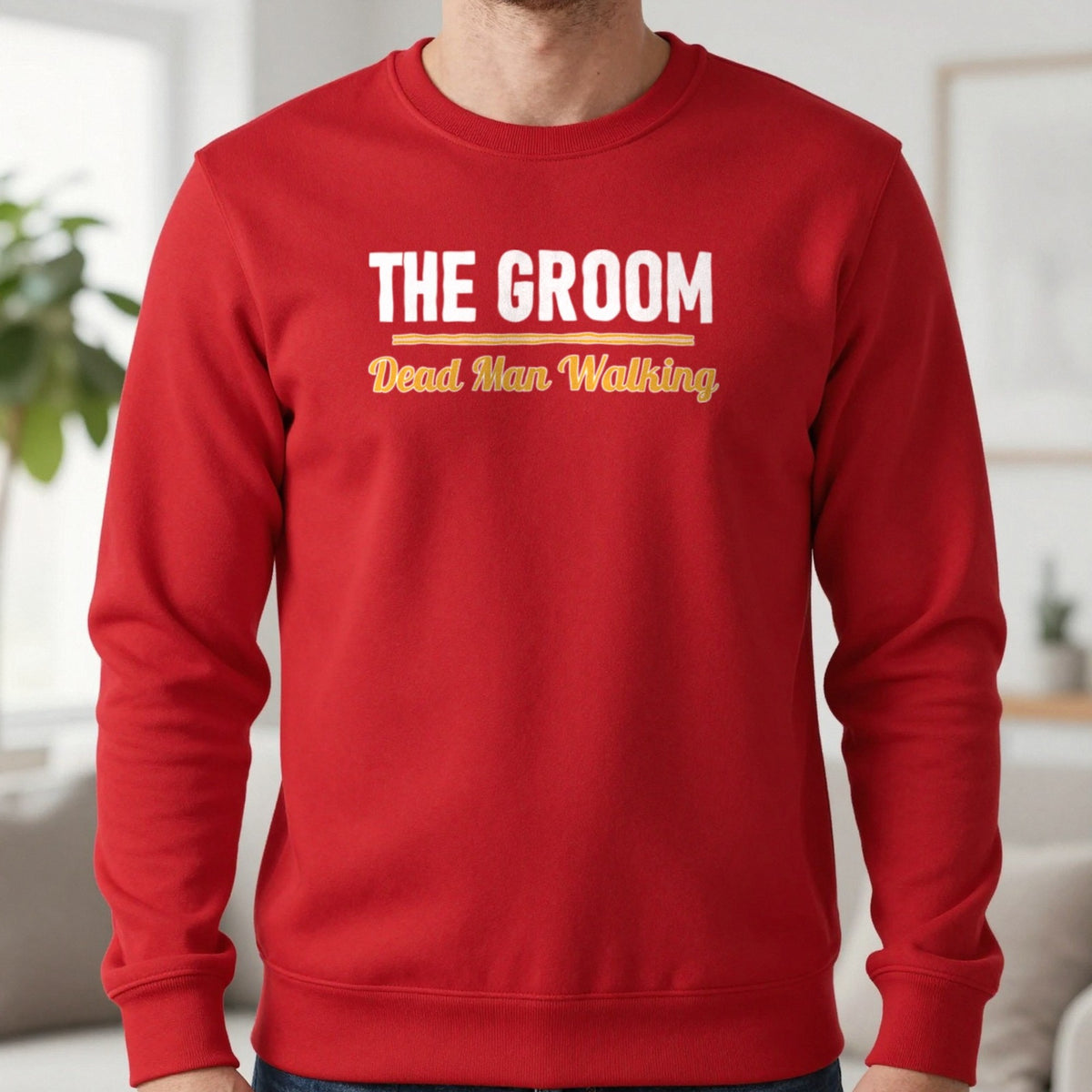 The Groom Dead Man Walking Stag Do T-Shirt & Sweatshirt in Red, worn, our photo