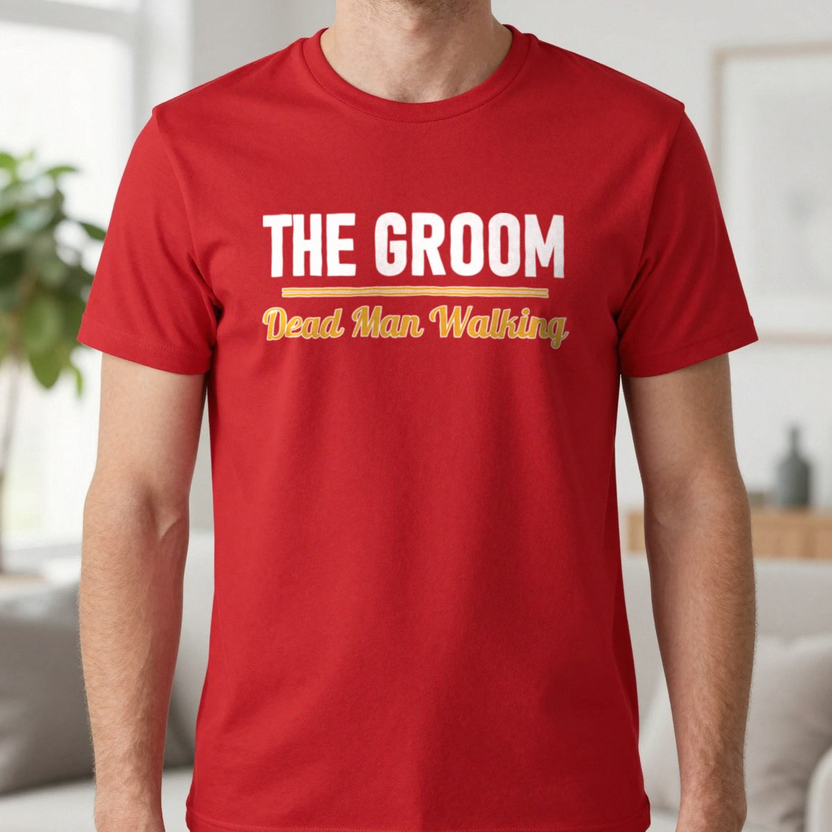 The Groom Dead Man Walking Stag Do T-Shirt & Sweatshirt in Red, worn, our photo